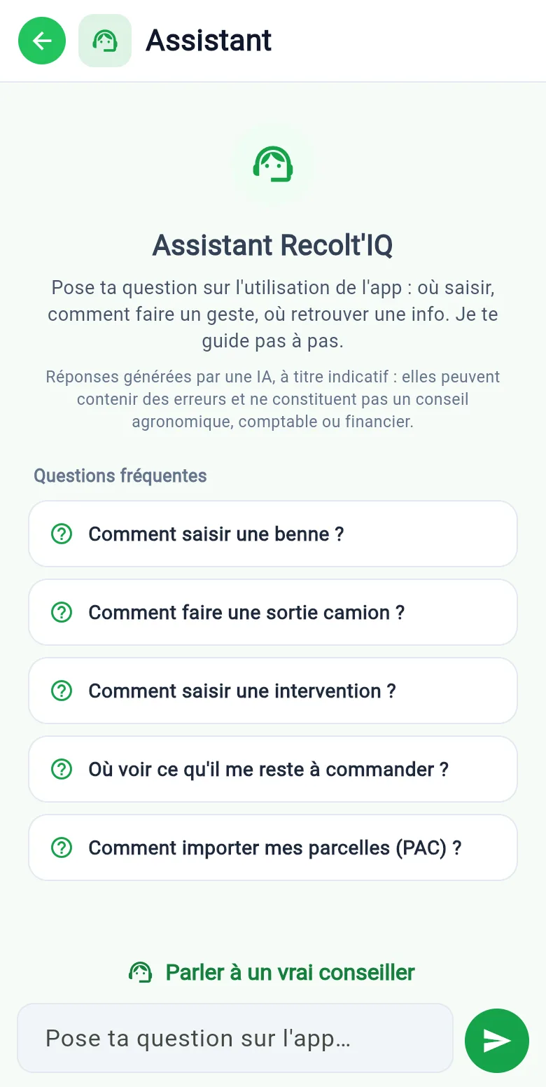 Écran Assistant de Recolt'IQ : questions fréquentes sur l'utilisation de l'app et champ de saisie libre