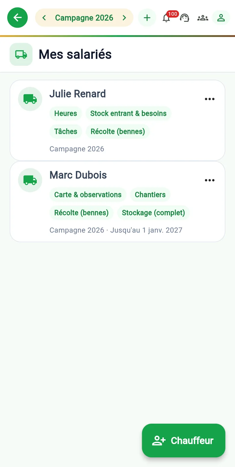Écran Partage de Recolt'IQ : accès de saisie donné à un salarié ou un collaborateur