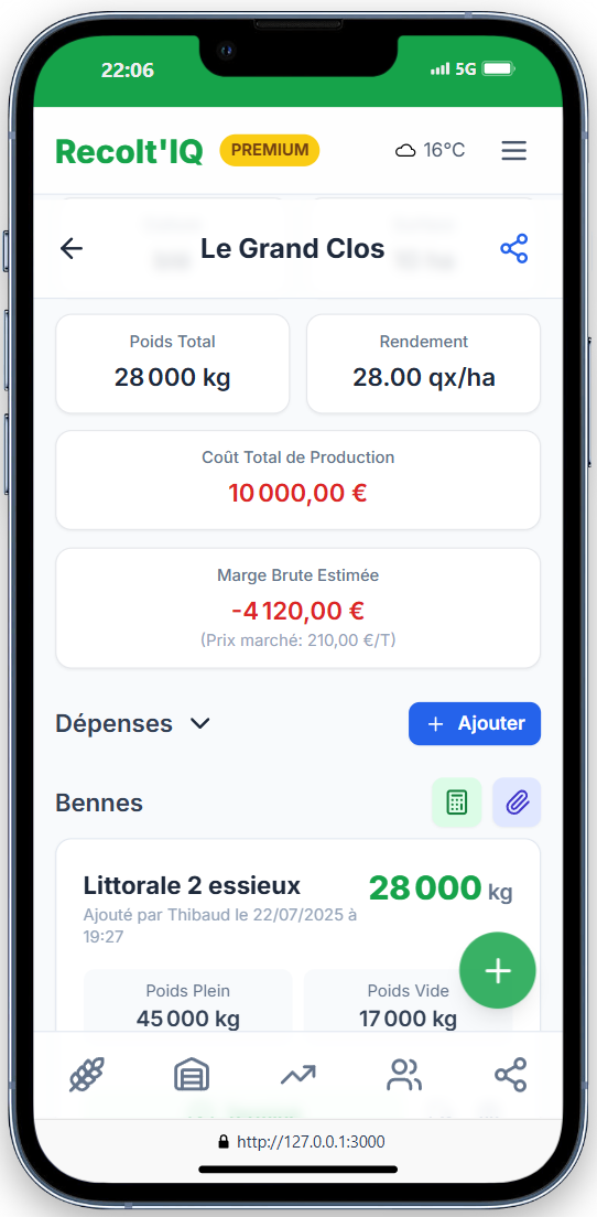 Capture d'écran de la gestion des parcelles dans l'application Recolt'IQ